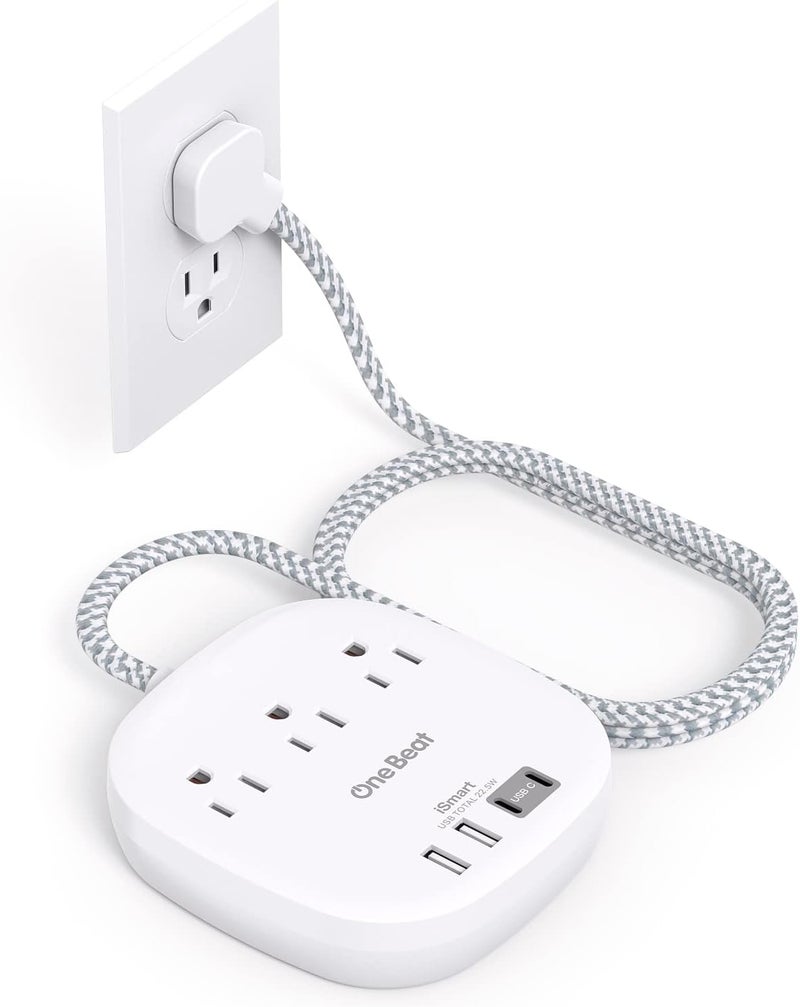 One Beat Flat Plug Power Strip, 6ft Ultra Flat Extension Cord - 3 Outlets 4 USB Ports (2 USB C) 22.5W/4.5A Desktop Charging Station, Power Strip No Surge Protection for Cruise Ship, Dorm Room Travel Essentials - Image 1